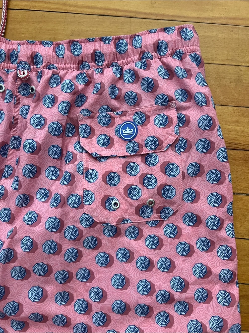 Peter Millar Pink and Navy Geometric Swim Trunks- men XL